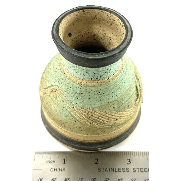 Handmade Studio Pottery Bud Vase Speckled Aqua Stoneware Signed 3.5” - Picture 3 of 4